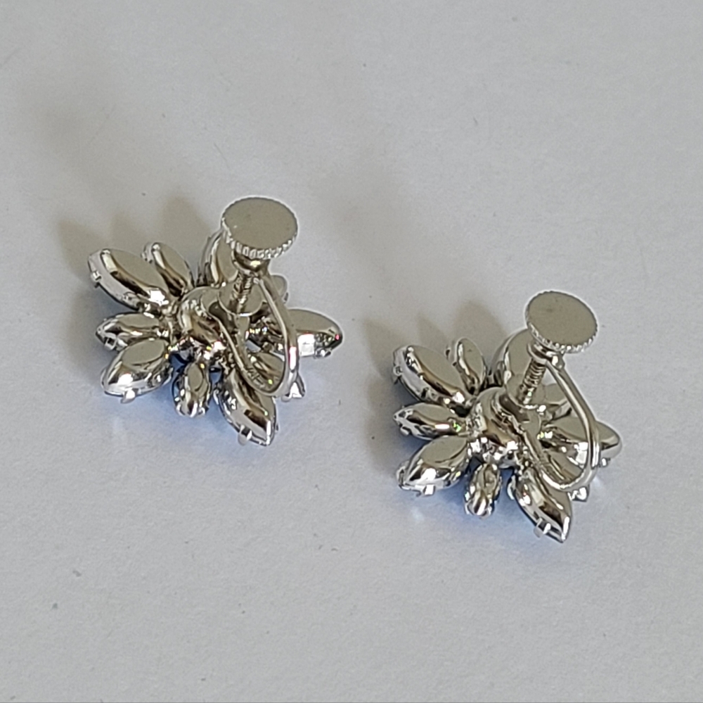 Vintage Jay Flex Sterling Silver Blue Rhinestone Flower Screw Back Stud Earrings - Picture 9 of 15